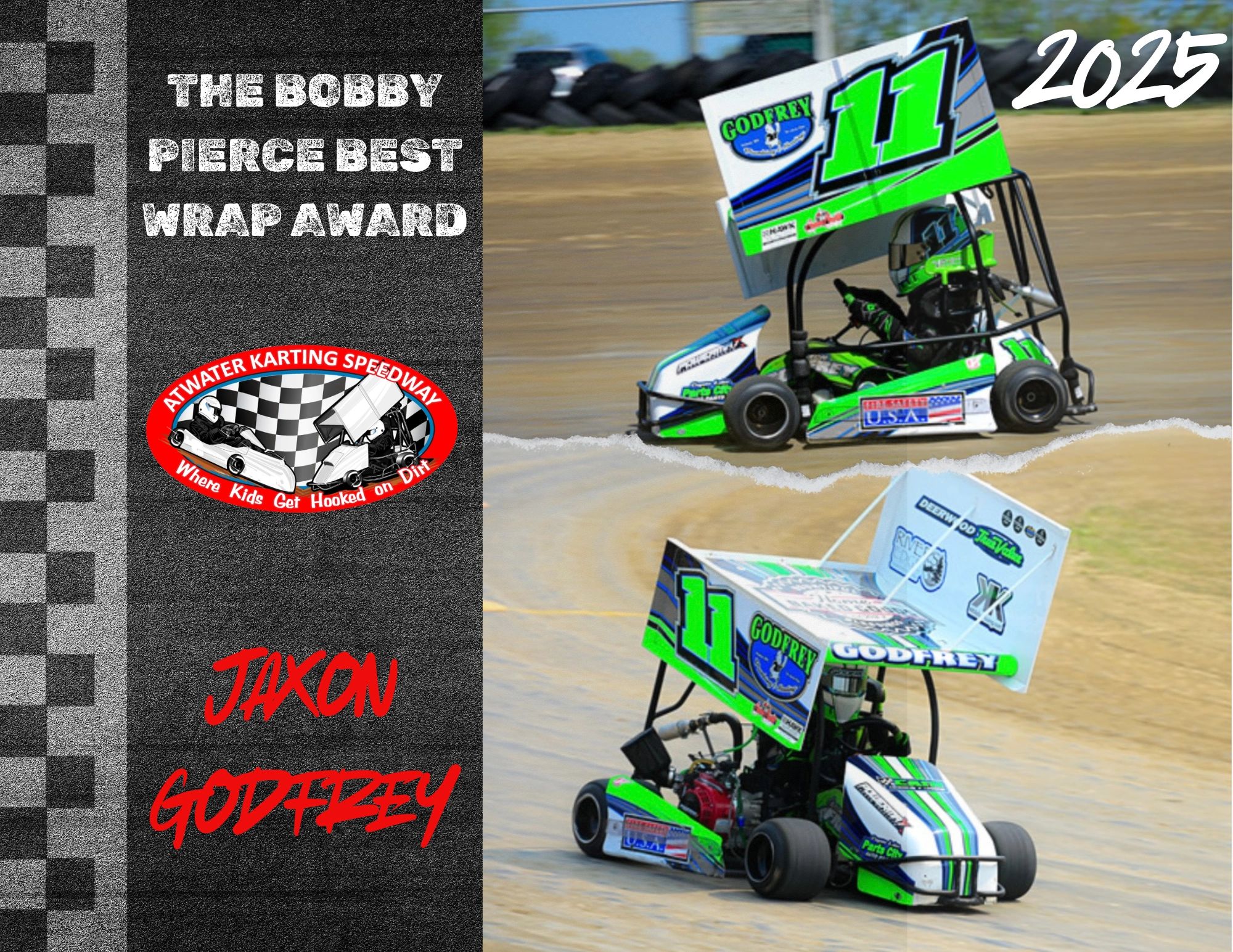 Two green sprint karts racing on a dirt track with award text on the side.
