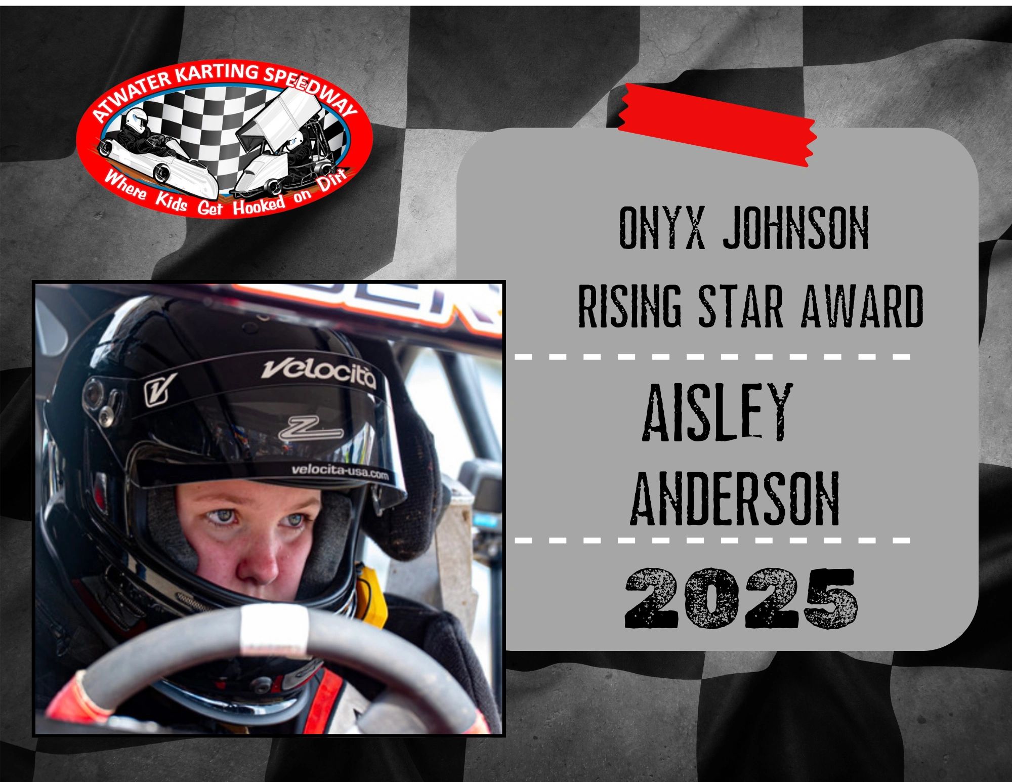 Young kart racer Aisley Anderson awarded Rising Star Award for 2025 at Atwater Karting Speedway.