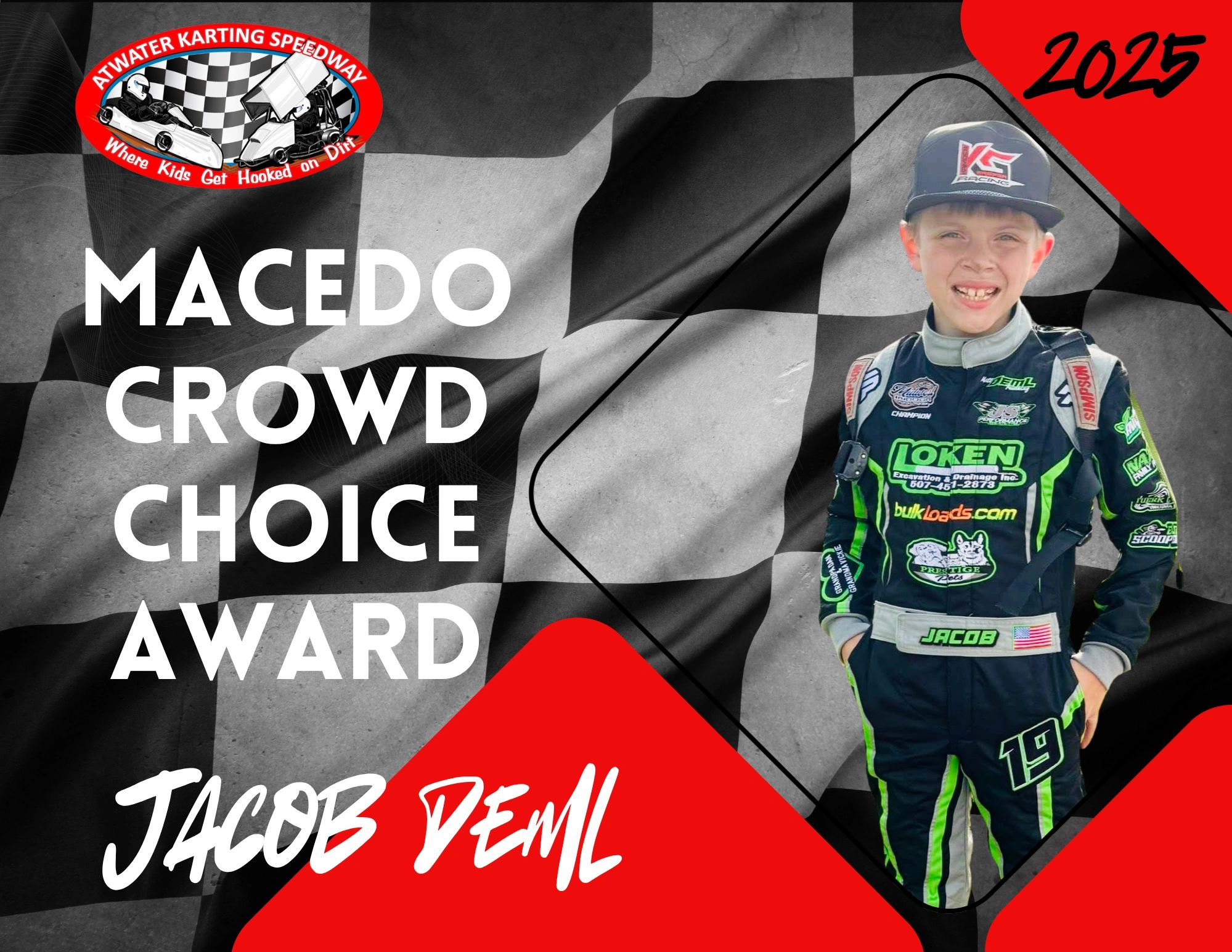 Jacob Deml wins Macedo Crowd Choice Award at Atwater Karting Speedway 2025.