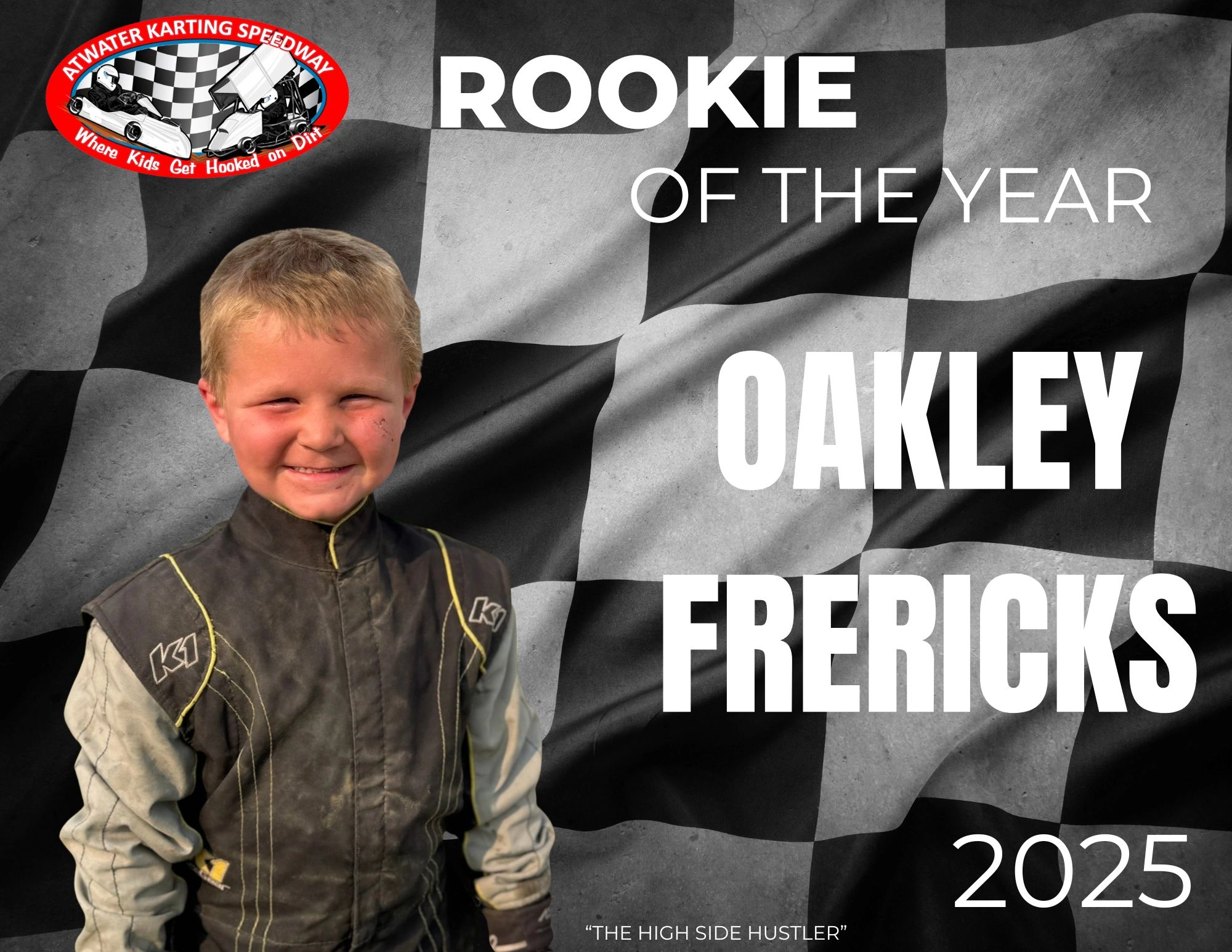 Young kart racer Oakley Frericks named Rookie of the Year 2025 at Atwater Karting Speedway.
