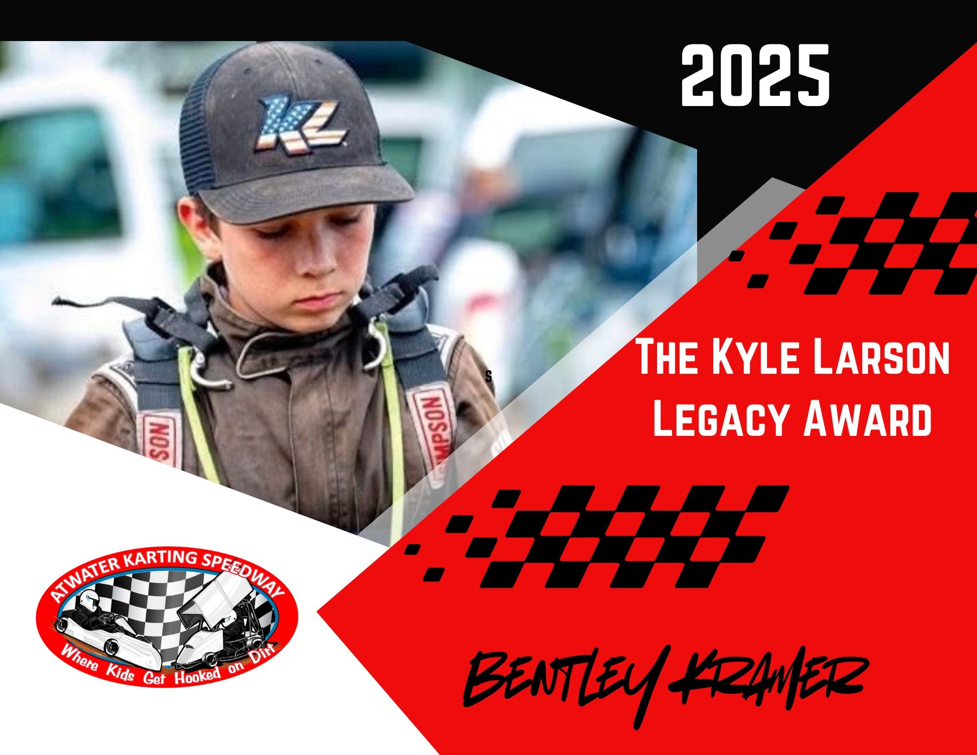 Young racer Bentley Kramer receives the 2025 Kyle Larson Legacy Award at Atwater Karting Speedway.