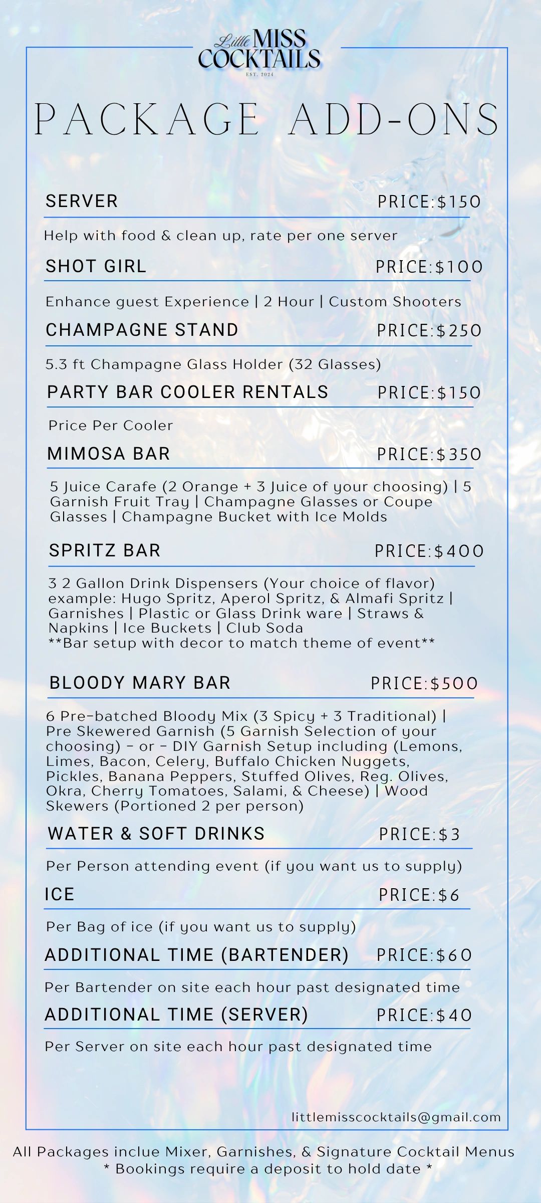 List of cocktail package add-ons with prices and descriptions for events.