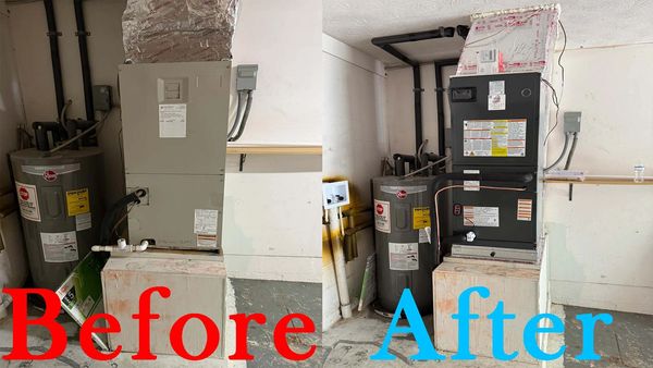 "Old, failing air handler replaced with a clean, efficient new unit in a professional installation."