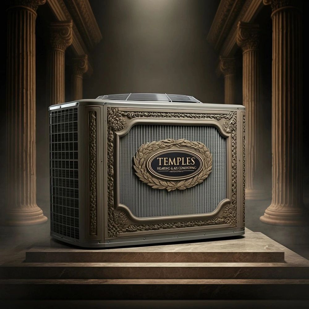 Roman-style AC unit with stone details and 'Temples Heating & Air Conditioning'