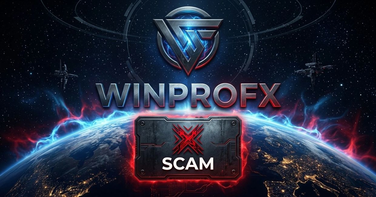 Graphic image warning of WinProFX as a scam with a space and Earth background.