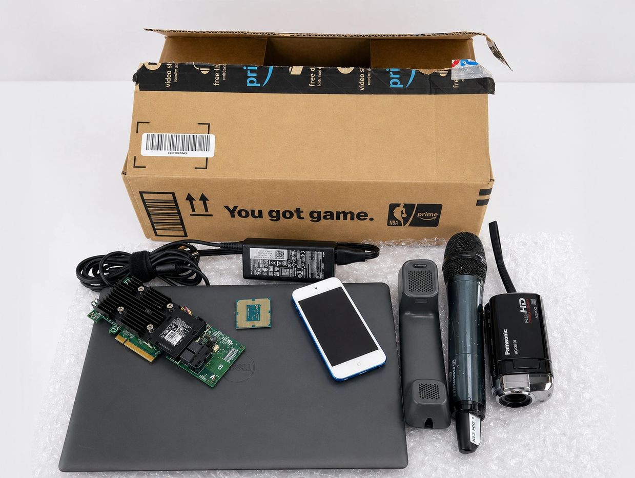Assorted electronics including a laptop, smartphone, microphone, and camera next to an open Amazon box.