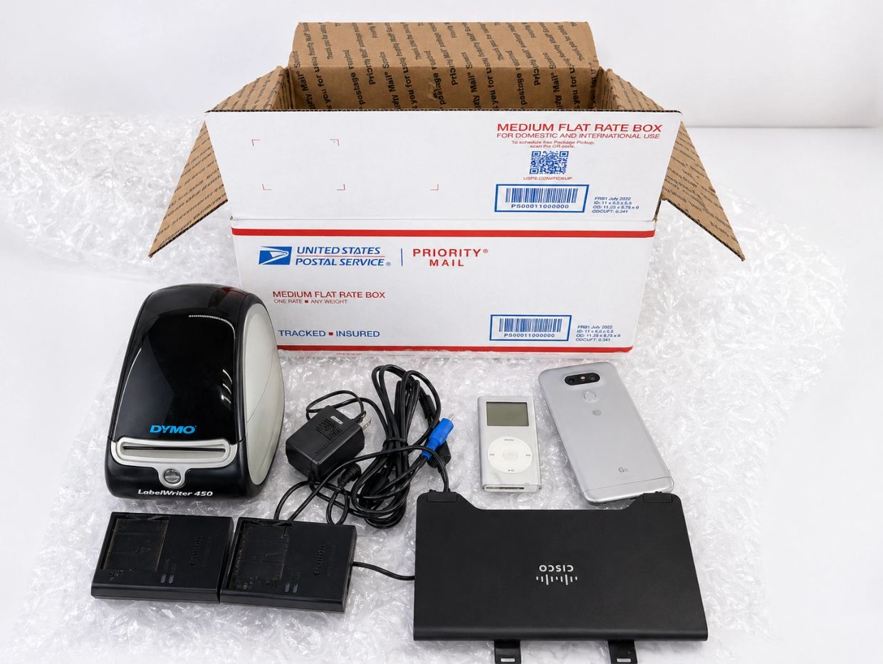 Various electronic gadgets and a USPS priority mail box on bubble wrap.