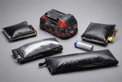 Examples of swollen or damaged lithium-ion batteries that require special handling.