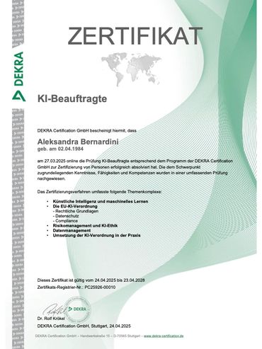 ALEKSANDRA BERNARDINI CERTIFICATION (DEKRA)