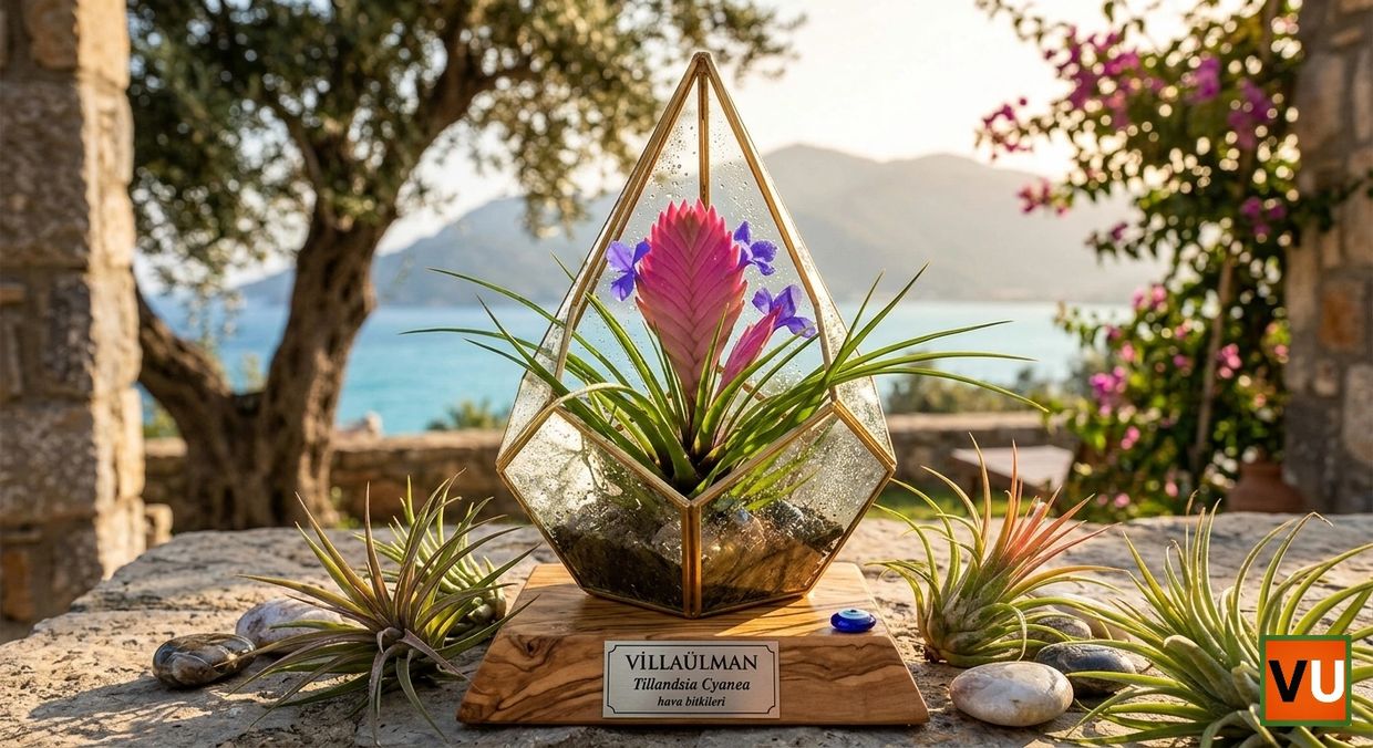 Decorative glass terrarium with a pink flower on a sunny stone table.