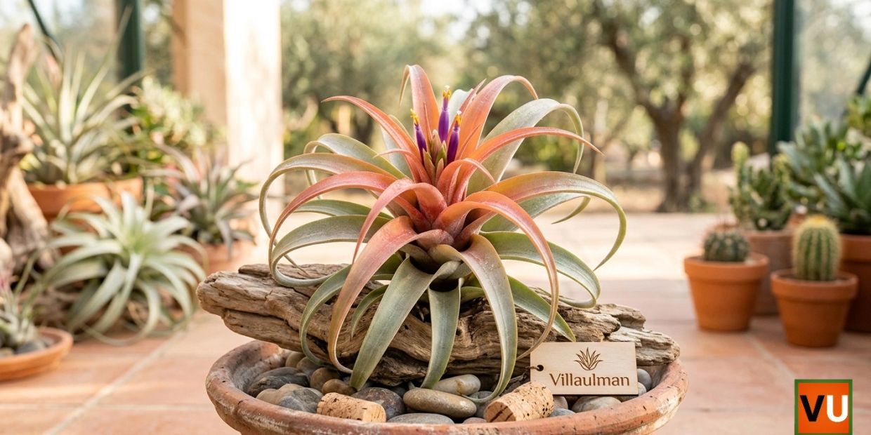 A vibrant Tillandsia air plant with pink hues in a pot surrounded by stones.