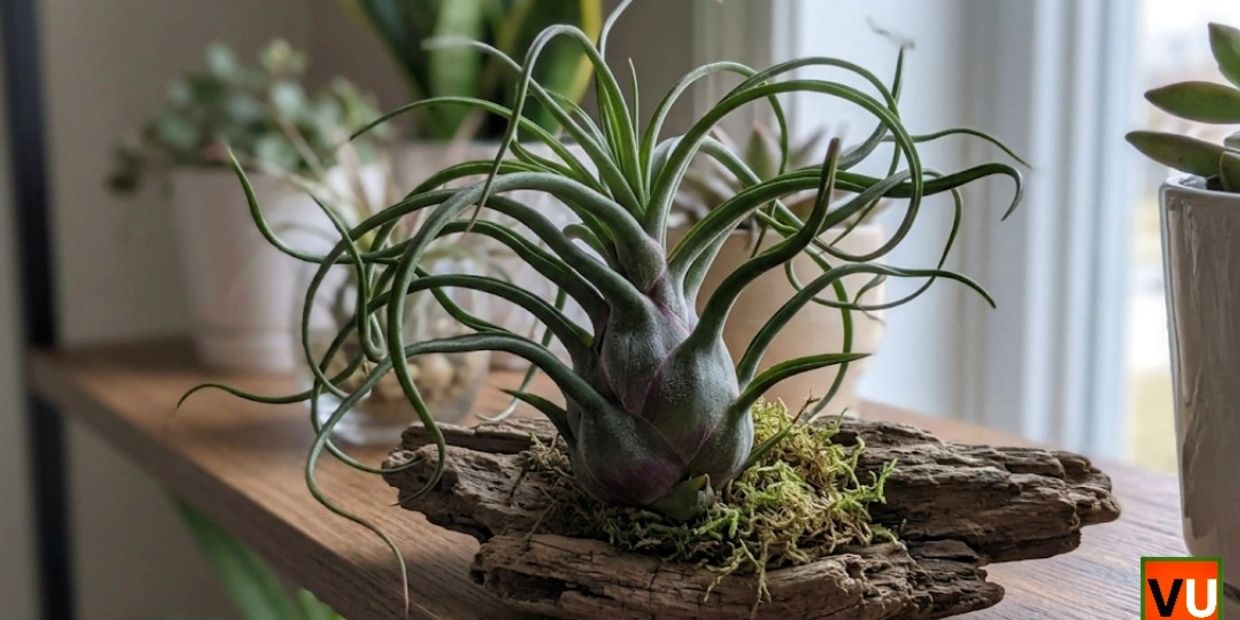 Air plant displayed on a piece of wood with moss indoors.