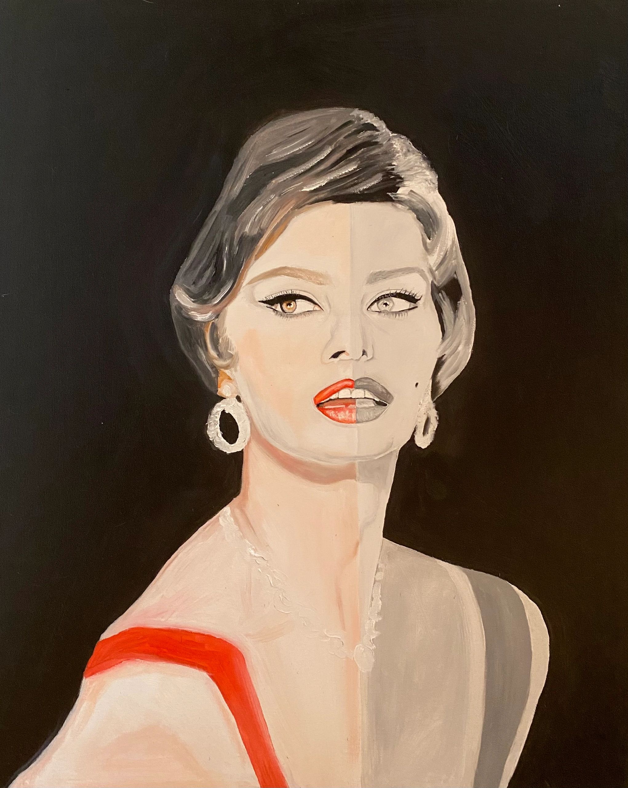 Painting of a woman's half-color, half-black-and-white face.