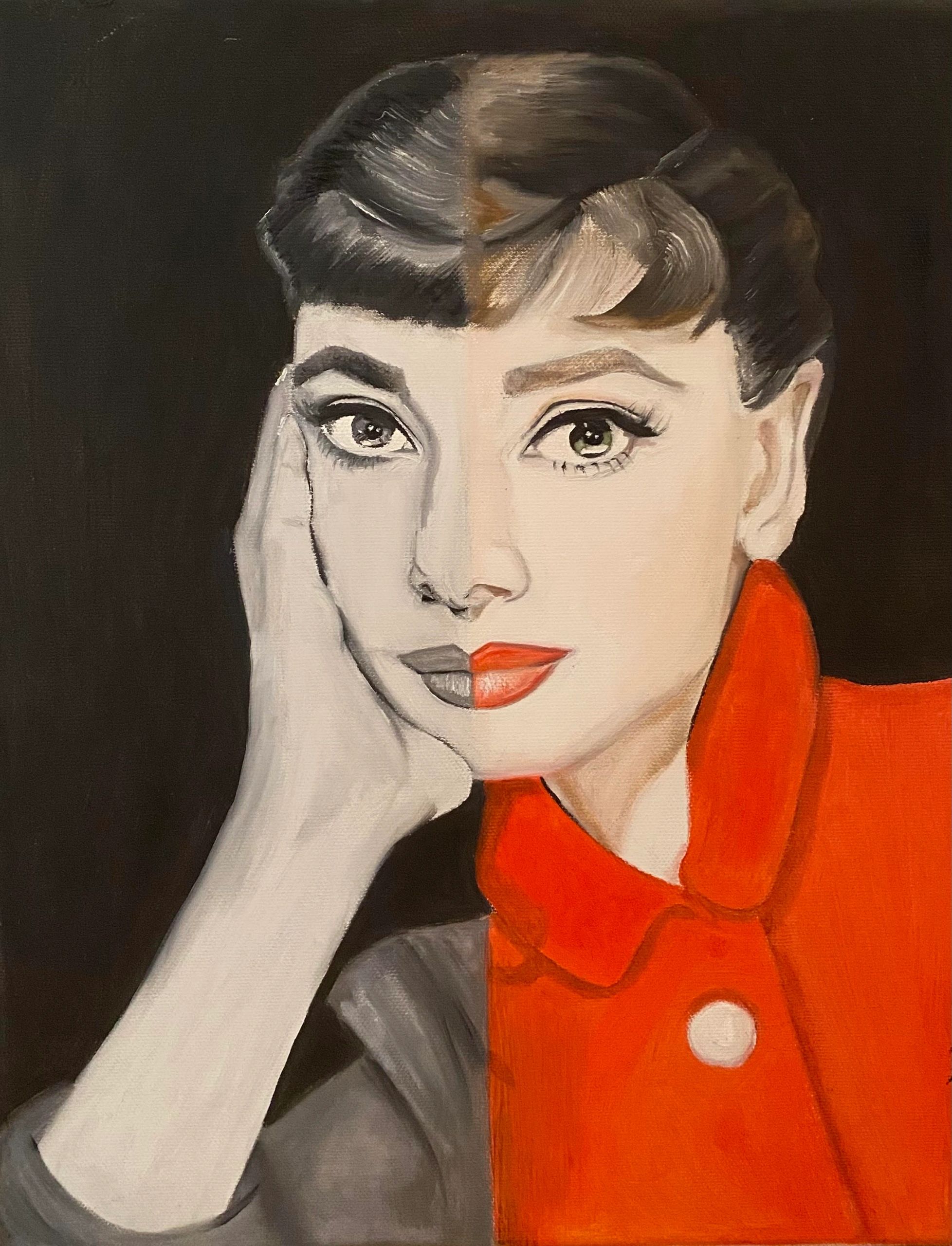 Half black and white, half color portrait painting of a woman with red lips and coat.