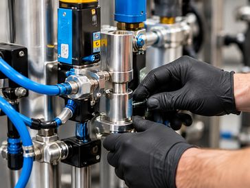 Technician repairing pneumatic fittings on a filling machine