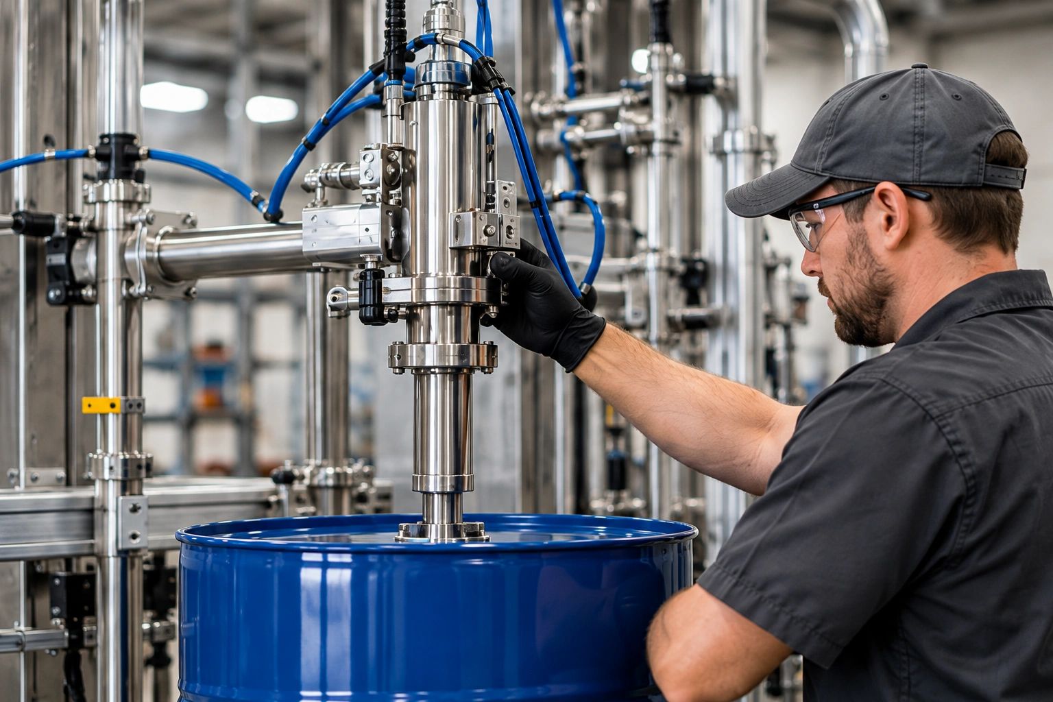 Technician servicing a drum filling machine