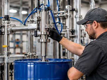 Technician inspecting a drum filling machine