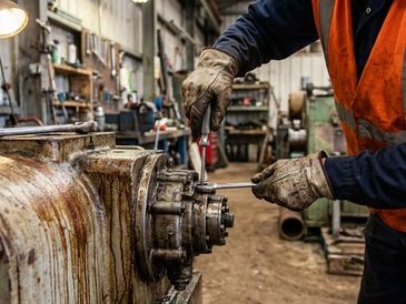 Technician removing worn industrial equipment