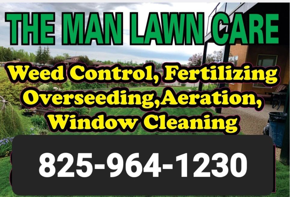 Lawn care services including weed control, fertilizing, overseeding, aeration, and window cleaning with contact number.