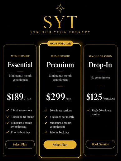 SYT Stretch Yoga Therapy membership and session pricing plans.