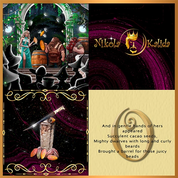 NFT4: The sorceress opens the fruits and carefully puts the cocoa beans into the barrel for fermenta