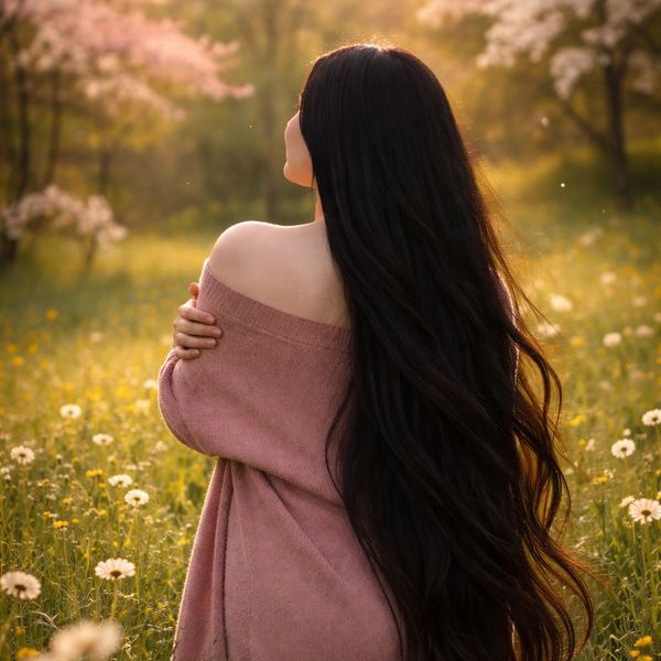 Woman with long black hair in a field of flowers at sunset.
