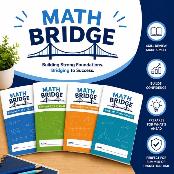 Math Bridge workbooks for grades 4 to 8 on a desk.