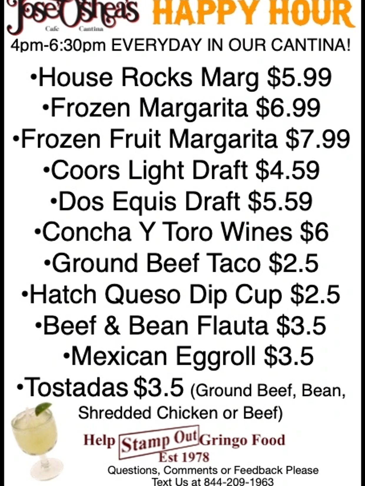 Jose O'Shea's Happy Hour menu with drinks and food specials from 4-6:30pm daily.