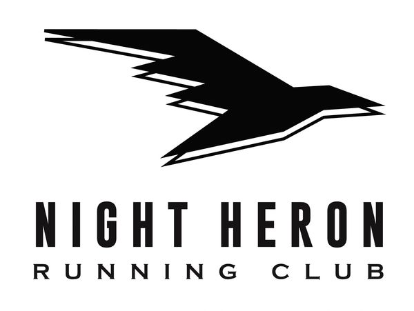 Black silhouetted heron logo with text 'Night Heron Running Club'.