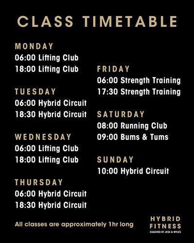Class timetable including Weight Training Classes, Strength Training, and Hybrid Circuits.