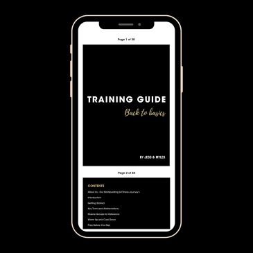 Smartphone screen showing a sleek training guide titled 'Back to Basics' by Jess &amp; Myles.