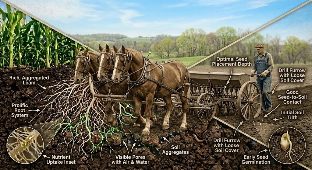 Illustration of horse-drawn seed drill showing soil, roots, and seed germination.