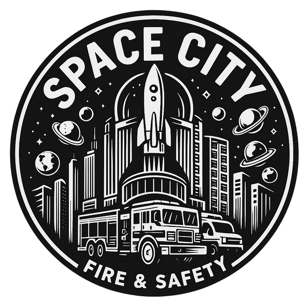 Black and white emblem for Space City Fire & Safety with a rocket and fire trucks.