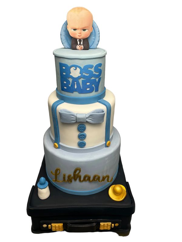 4 tier, Boss Baby inspired cake, blue white and gold, by durham city cakes 