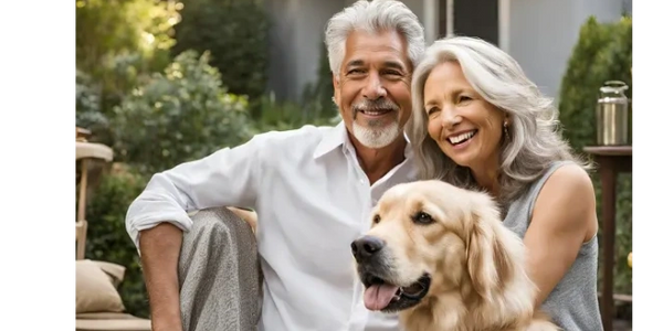 Happy senior couple with their golden retriever dog outdoors.