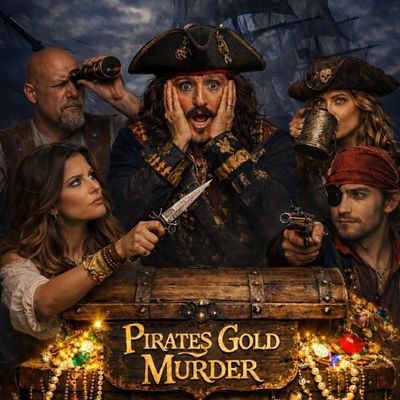 Pirates gather around a treasure chest with dramatic expressions and weapons.