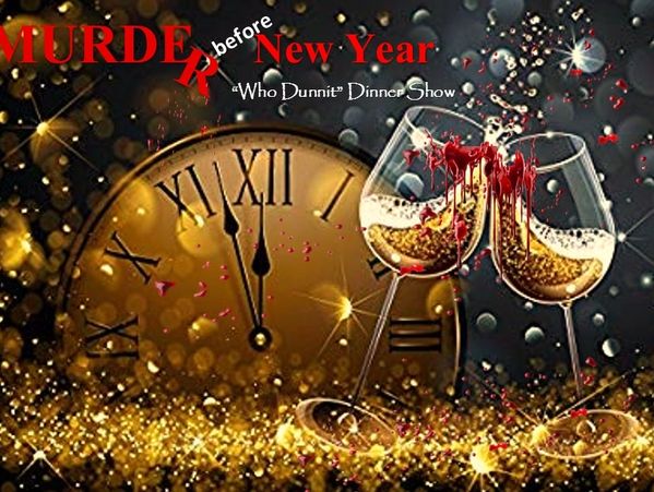 New Year's murder mystery dinner with clinking wine glasses and a ticking clock.