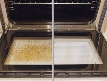 Side-by-side comparison of a dirty oven and a clean oven interior.