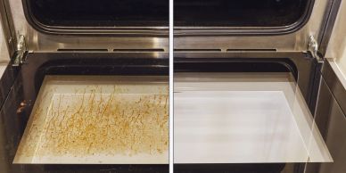 Side-by-side comparison of a dirty oven and a clean oven interior.