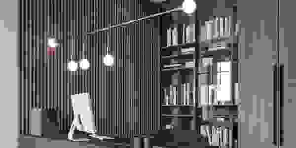 complete design and renovation with rich, dark wood and lighting accents, built in shelves