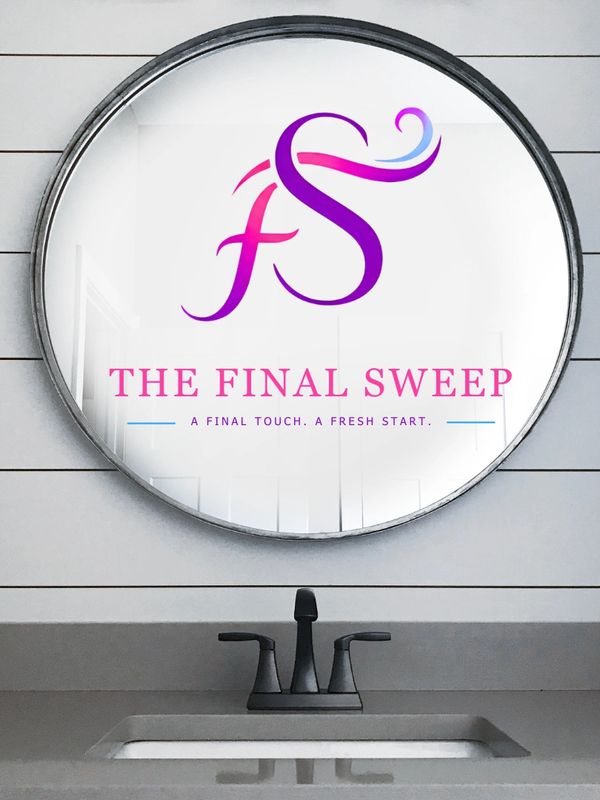 Round mirror with "The Final Sweep" logo above a modern sink.