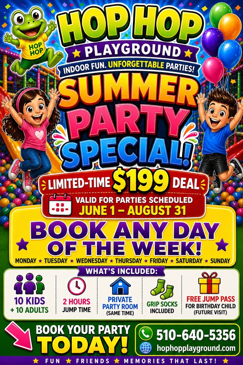 Colorful flyer for Hop Hop Playground's summer party special with kids, balloons, and party details.