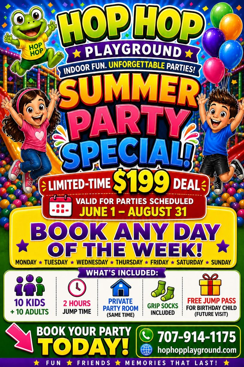 Colorful flyer for Hop Hop Playground summer party special with $199 deal and fun activities.