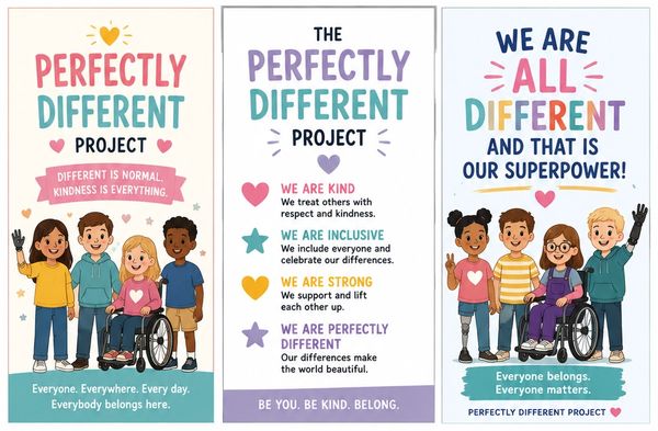 Illustration promoting kindness, inclusion, and strength in diversity with diverse children.