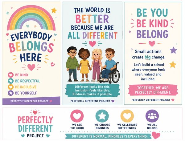 Inclusive posters promoting kindness, respect, and belonging with diverse children illustrations.