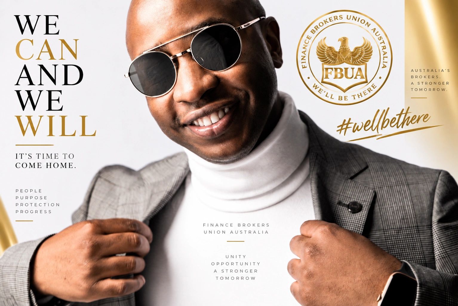Confident man in sunglasses promoting Finance Brokers Union Australia.