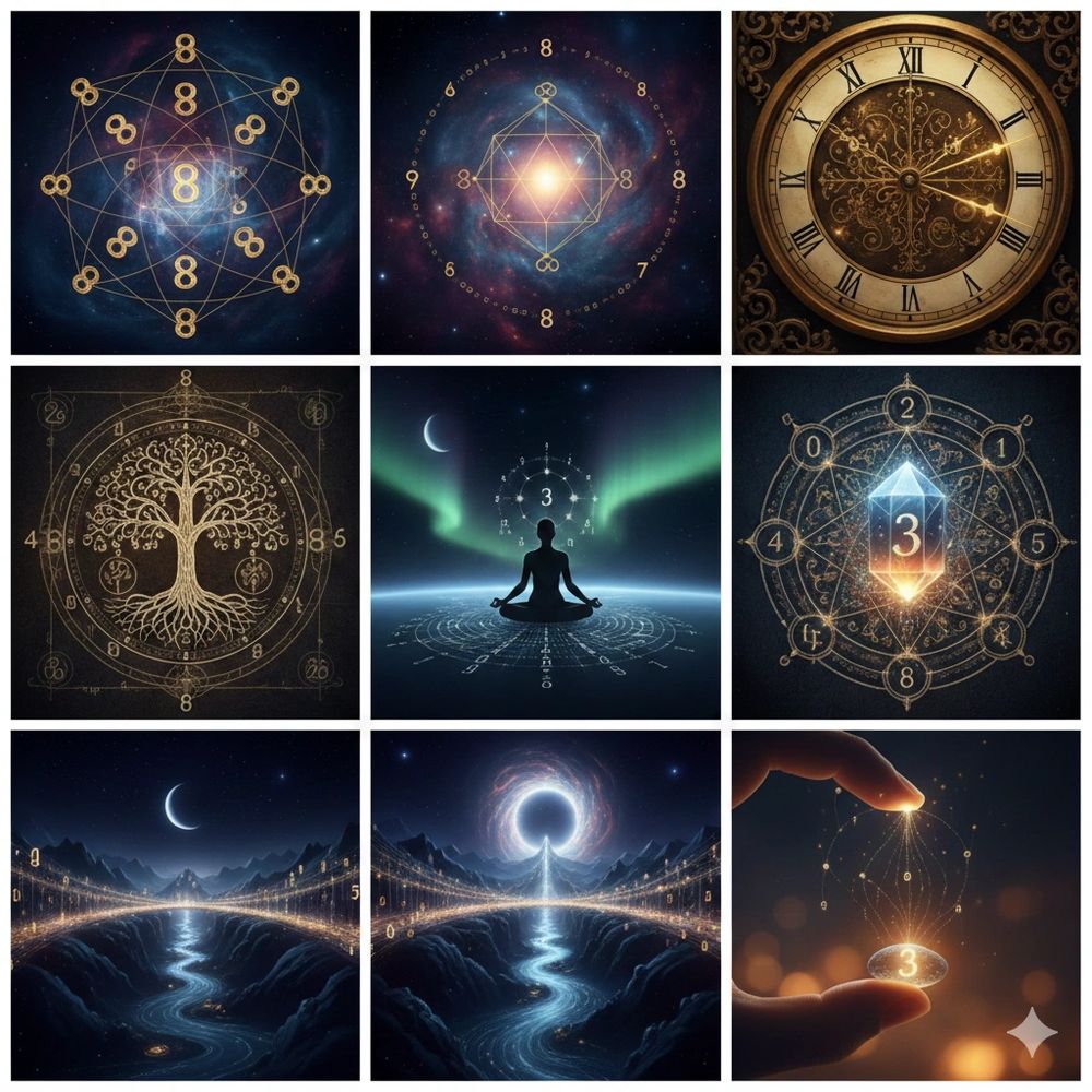 Mystical cosmic symbols and meditation with numbers 3 and 8 in celestial settings.