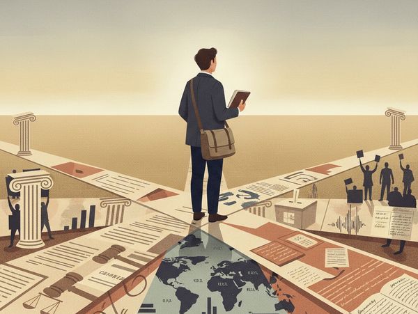 A man stands at a crossroads surrounded by legal and political documents, contemplating his path.