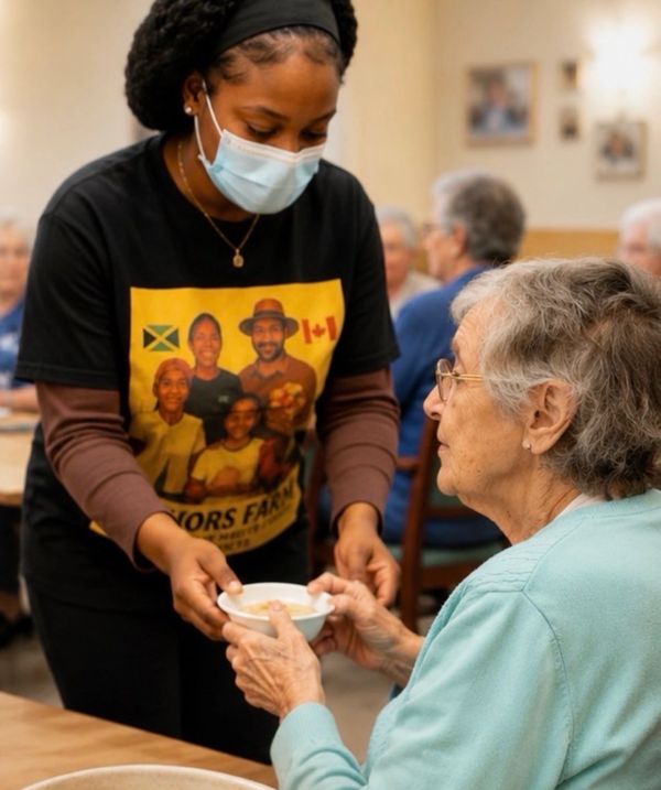 A masked caregiver hands a bowl of food to an elderly woman in a communal setting.