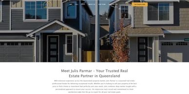 Two modern houses side by side with a real estate website header.